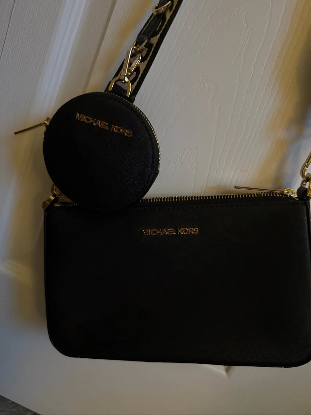 Michael Kors Black Crossbody with Branded White Strap and Coin Pouch